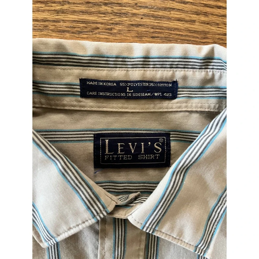 Vintage Levis Fitted Shirt Mens Large Tan Blue Striped Long Sleeve Button Down